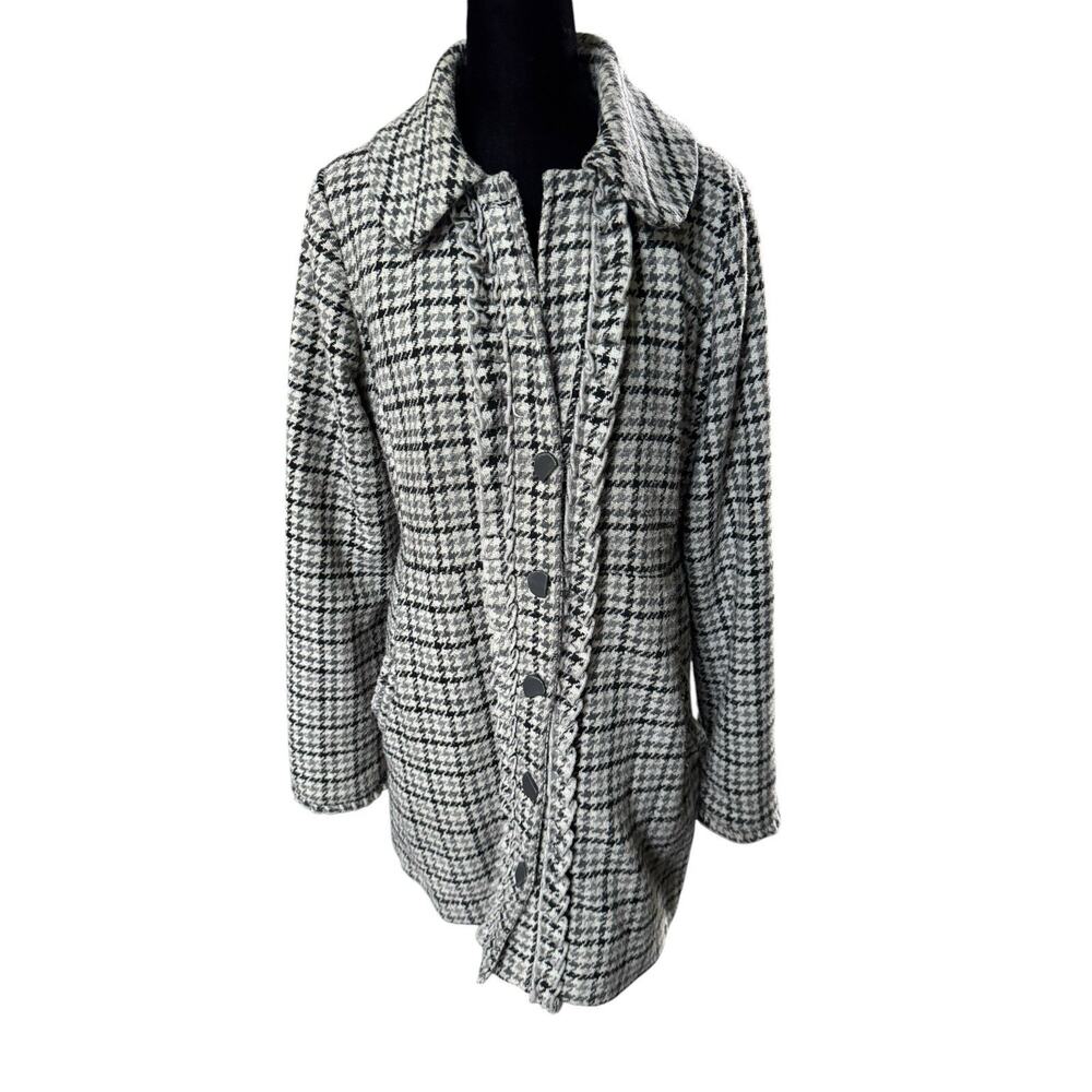 Houndstooth Wool Blend Coat Womens XL Ruffle‎ Trim Button Front Rewind READ NOTE